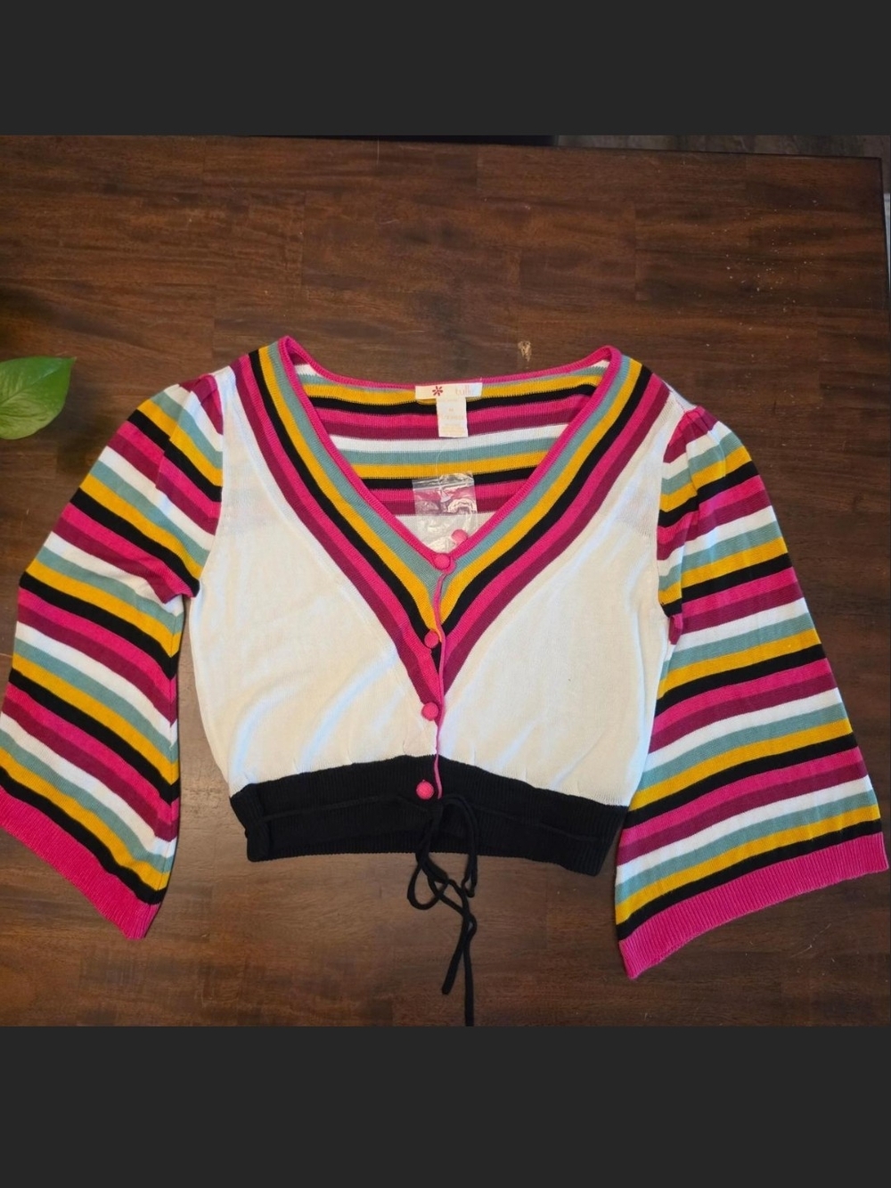 Tulle Anthropologie Striped Cropped Cardigan Sweater Multi-Color V-Neck Boho